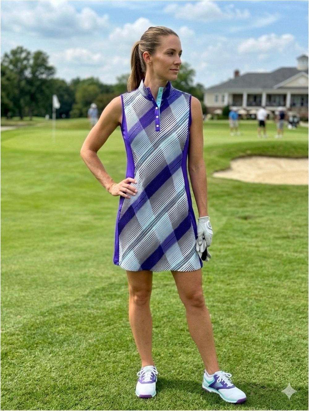Tail Sleeveless Plaid Golf Dress in Purple and Light Blue